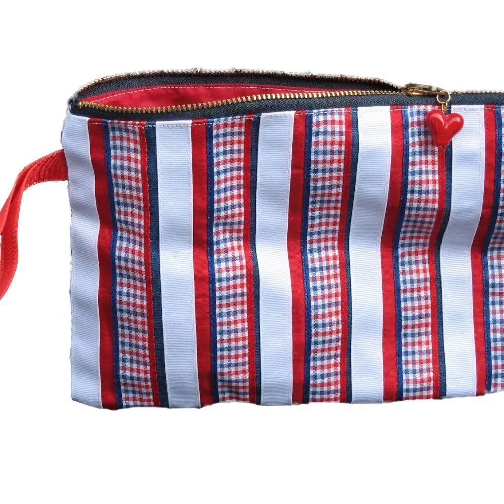 Checkered Ribbon Zippered Tote Makeup Bag Toiletries Kit NEW